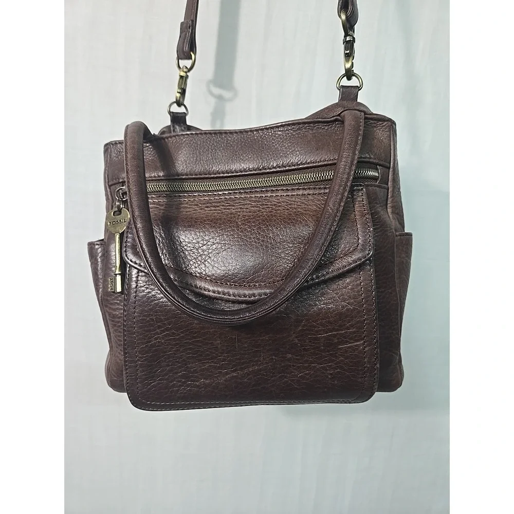 VTG Fossil Brown Pebbled Leather‎ Pockets Top Handle Small Satchel Crossbody Bag